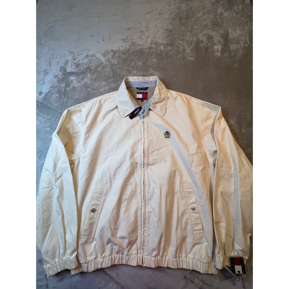 Tommy Hilfiger Jacket Mens M Cream Harrington Cotton Windbreaker Crest Logo M